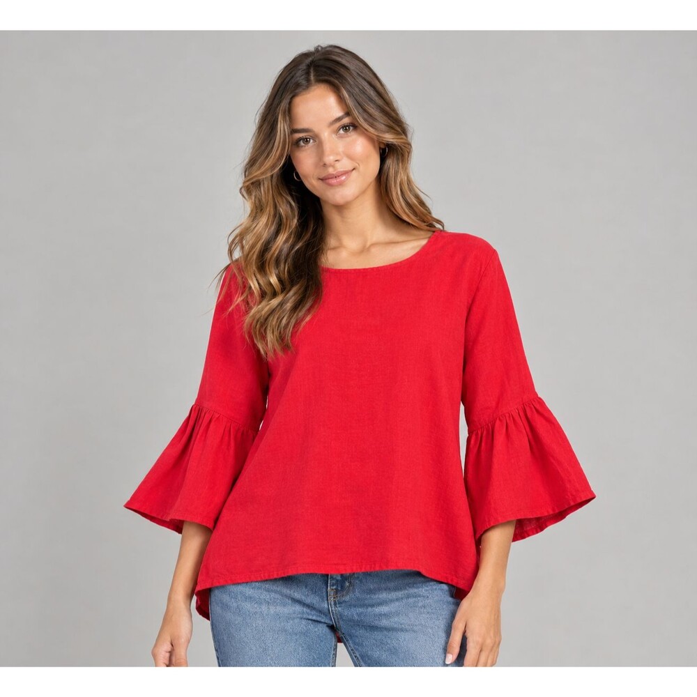 John Mark Top Shirt Size M 100% Linen 3/4 Bell Sleeve Lagenlook Tomato Girl